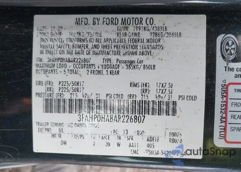 2010 Ford Fusion Se z USA, uszkodzony, nr VIN 3FAHP0HA8AR226807